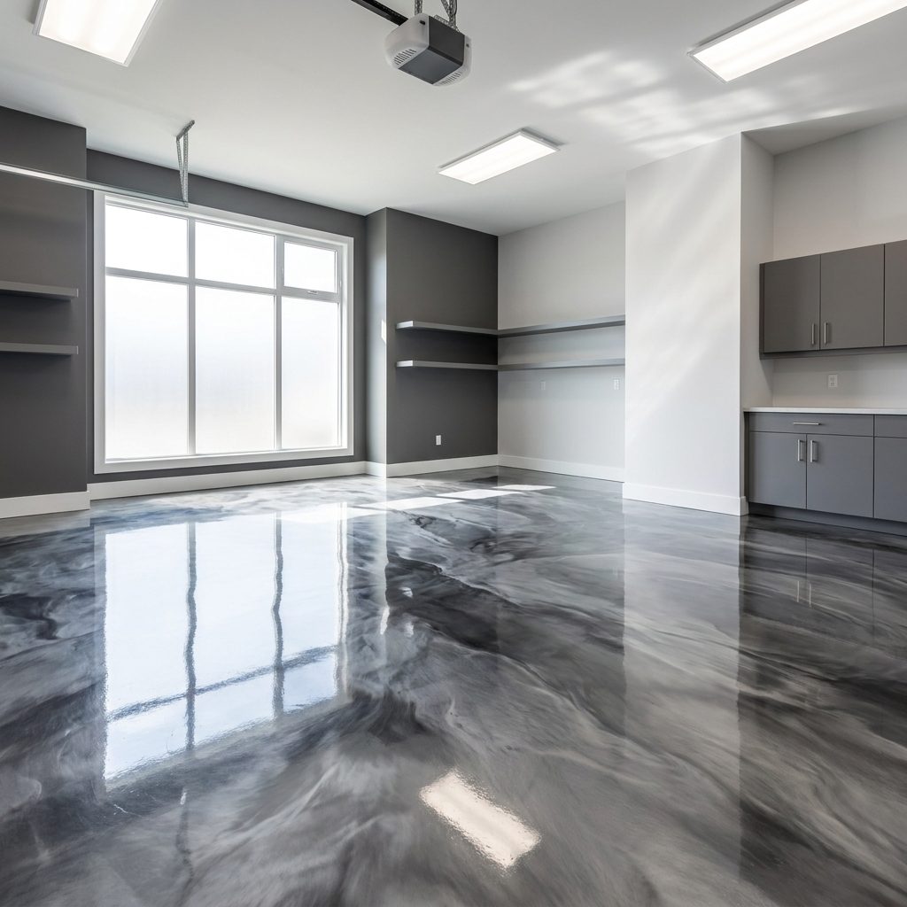 Finished metallic epoxy floor in a residential two-car garage
