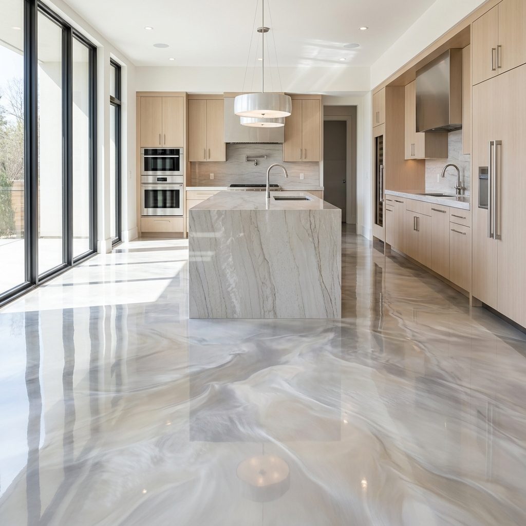 Seamless epoxy floor in a luxury kitchen